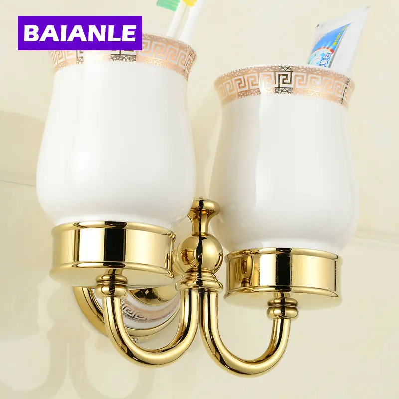 

Top Quality Luxury European Style Antique Copper Ceramics Toothbrush Tumbler&Cup Holder with 2cups Wall Mounted Bath Product