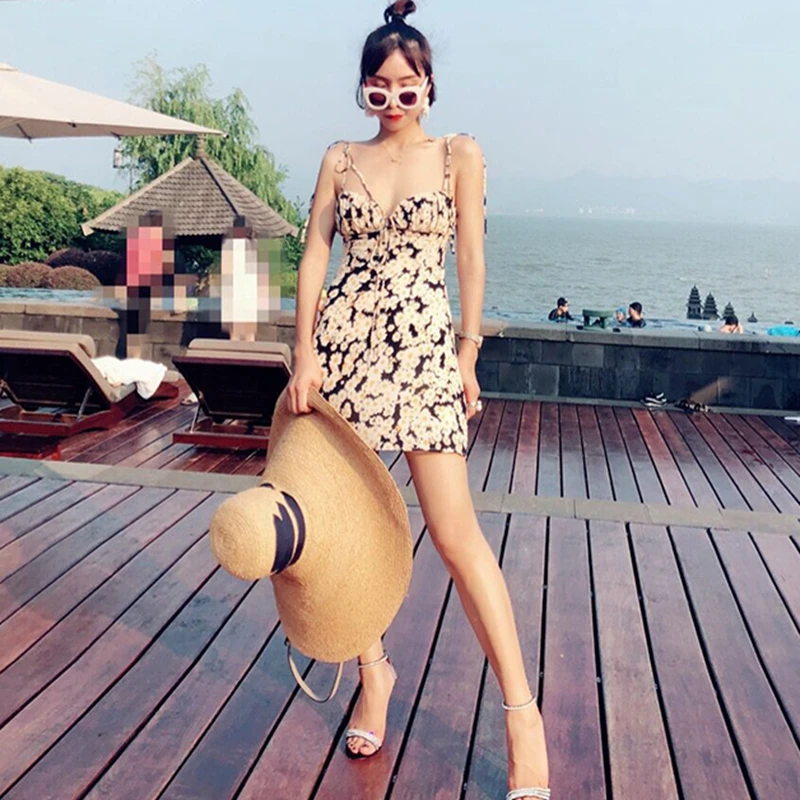 Summer Beach Dress Elegant Vintage Kwaii Yellow Floral Daisy Print Tunic Cami Dress Casual Off Shoulder Mini Dress Bohemian