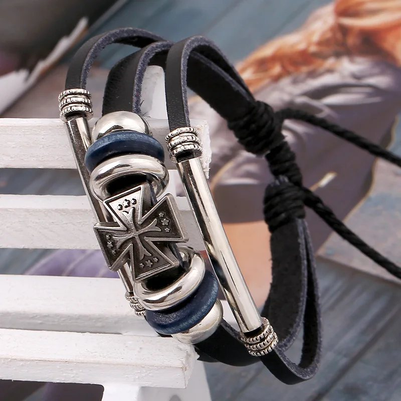 New 2016 Vintage Retro Genuine Leather Bead Bracelet Characteristic Cross Multilayer Bracelets &amp Bangles For Women Men Black | Украшения