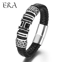 genuine braided leather bracelet for men 316l stainless steel magnetic clasp h charms woven bracelets trendy male bangle jewelry