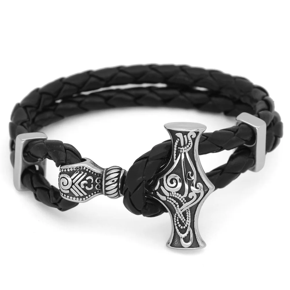 Мужской браслет Молот mjolnir скандинавский Викинг с подарочной сумкой valknut из кожи