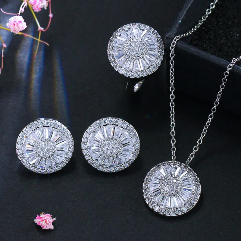 BeaQueen New Fashion Full Cubic Zircon Crystal Setting Round Stud Earring Bracelet Necklace Ring 4 Pcs Jewelry Sets JS112|Ювелирные