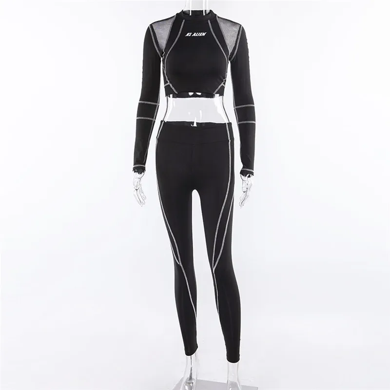 2019 Fashion Women Fitness Sporting Two Pieces Set Letter Print Turtleneck Top Leggings Striped Patchwork 2 Pcs Tracksuits | Женская