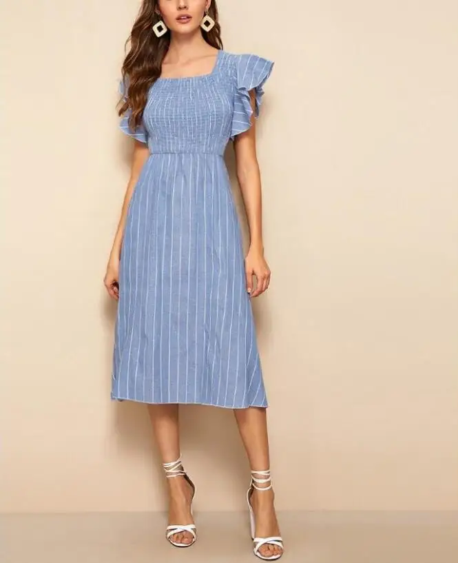 Женское элегантное платье миди в синюю полоску Повседневное с квадратным