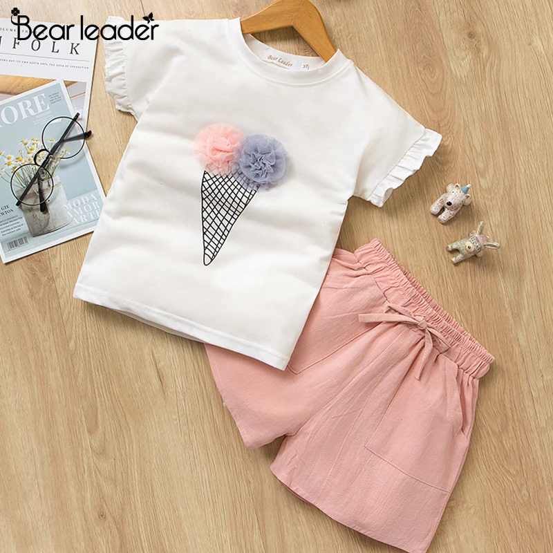 Bear Leader Girls Clothing Sets Fashion Summer Kids Flower Print Sling T-shirt+Solid Shorts 2Pcs Clothes | Детская одежда и обувь