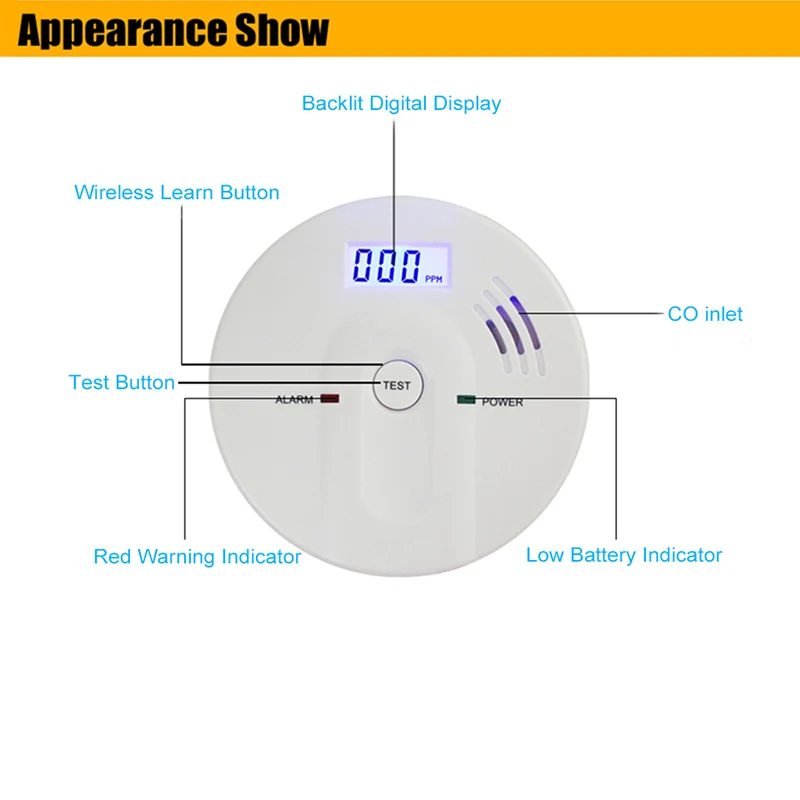Высокочувствительный детектор угарного газа с ЖК дисплеем 85 дБ 315/433 МГц на