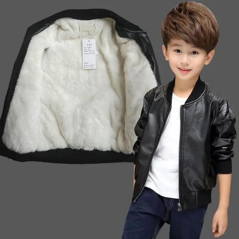 

2021 New pattern Boys Coats Autumn Winter Fashion Korean Children's Plus Velvet Warming Cotton PU Leather Jacket For 2-12Y