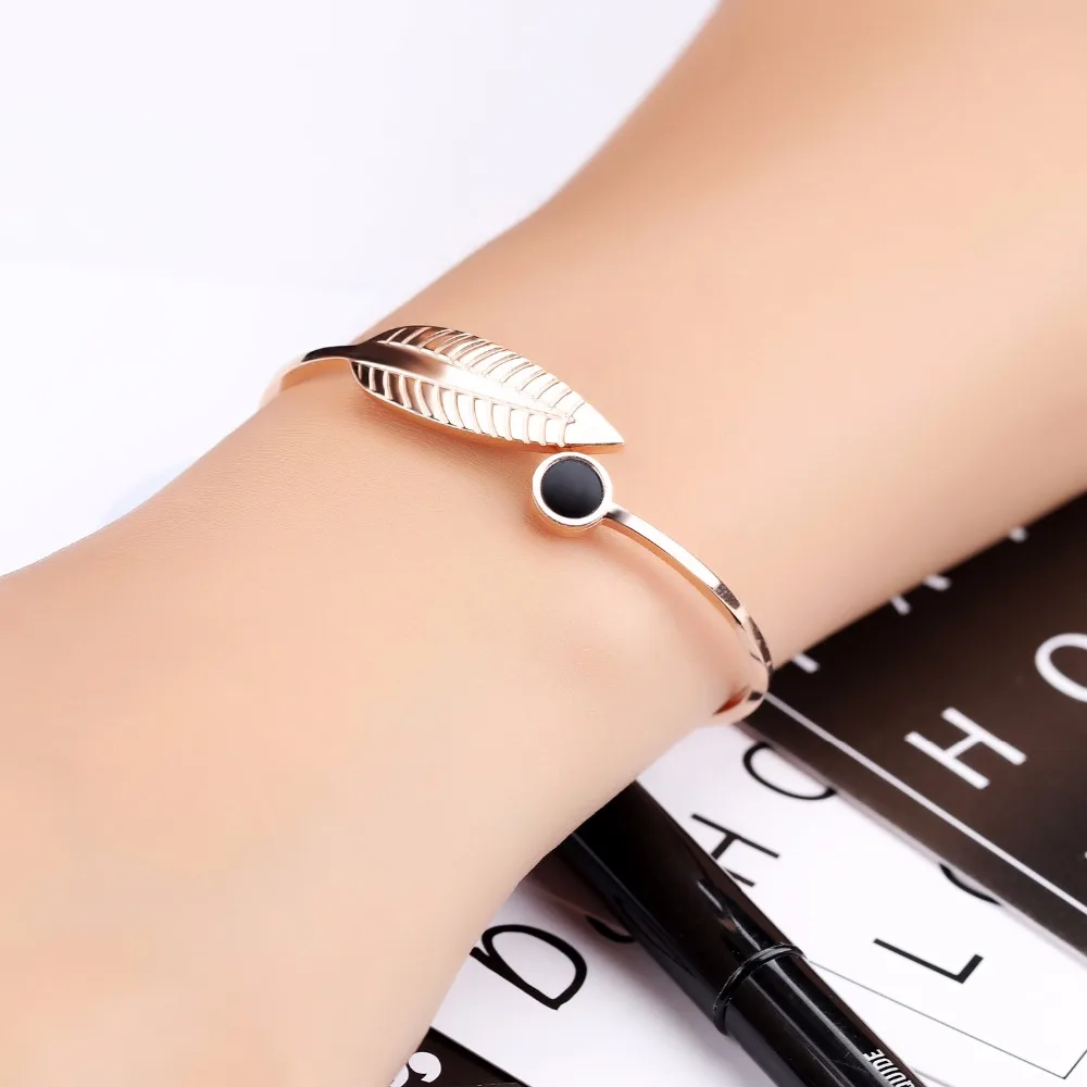 

YUN RUO Fashion Jewelry Vintage Leaf Design Bangle Lover Cuff Stainless Steel Rose Gold Color Woman Never Fade Dropship 2019