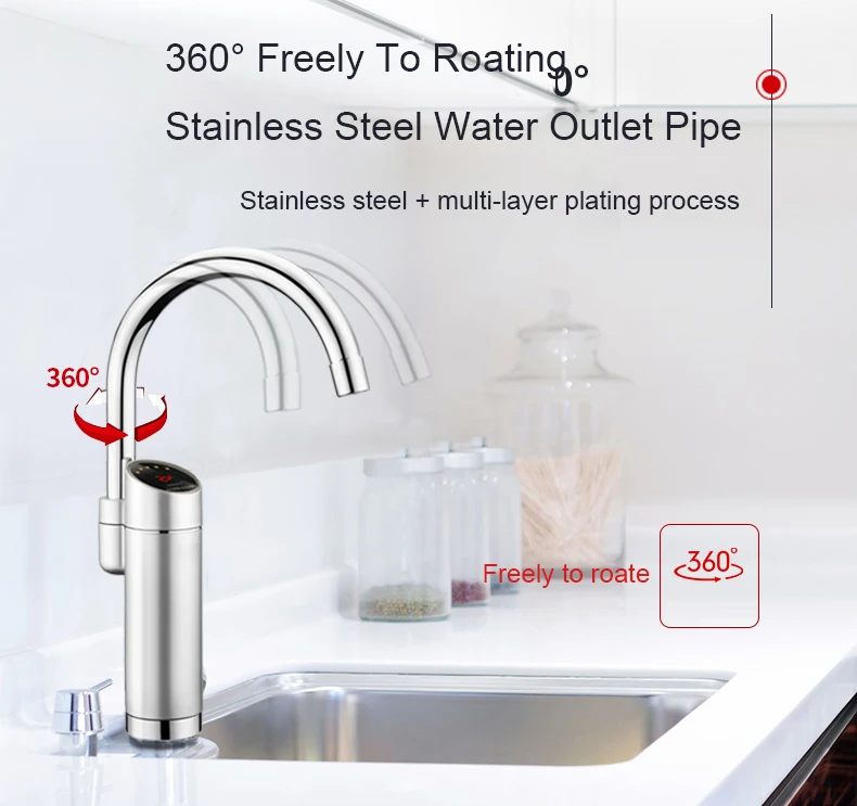 DMWD Electric Kitchen Heater Tap Temperature Display Tankless Instantaneous Hot Water Heating Faucet Boiler Shower 3000W EU Plug