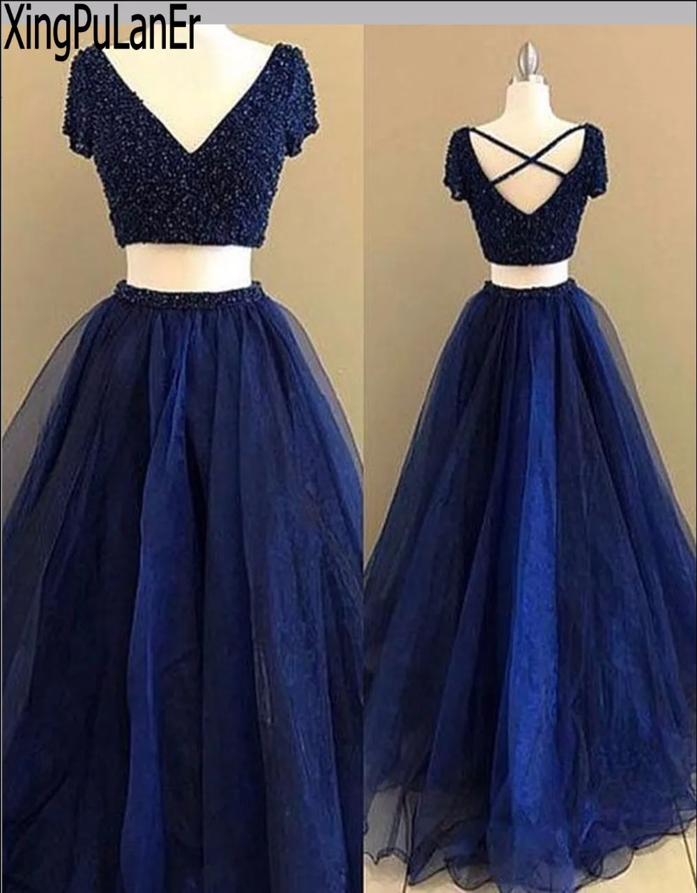 

XingPuLanEr A Line Deep V Neck Short Sleeve Full Hand Beaded Sequins Top Sexy Open Back Two Pieces Navy Blue Tulle Prom Dresses