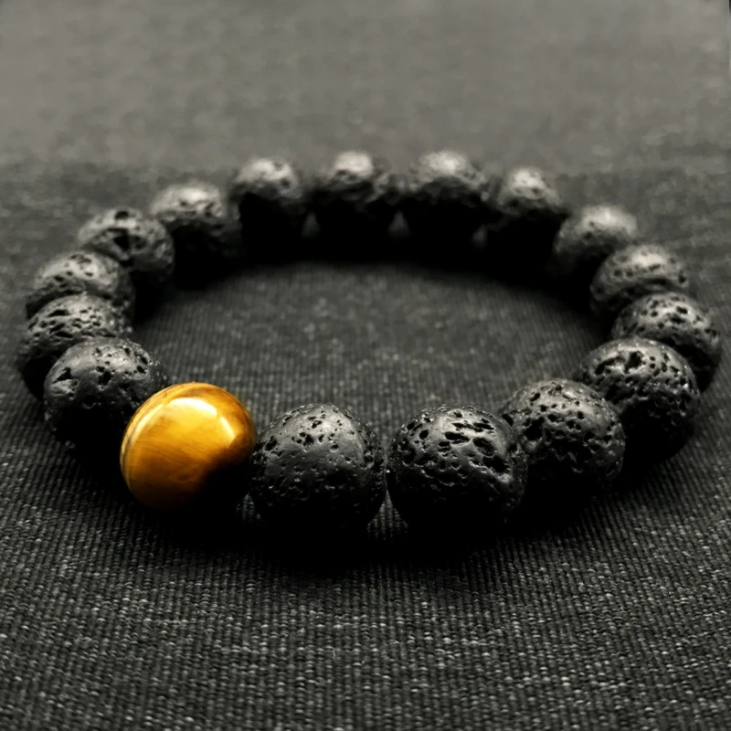 Мужской браслет из вулканической лавы 12 мм с бусинами и тигровым глазом|bracelets