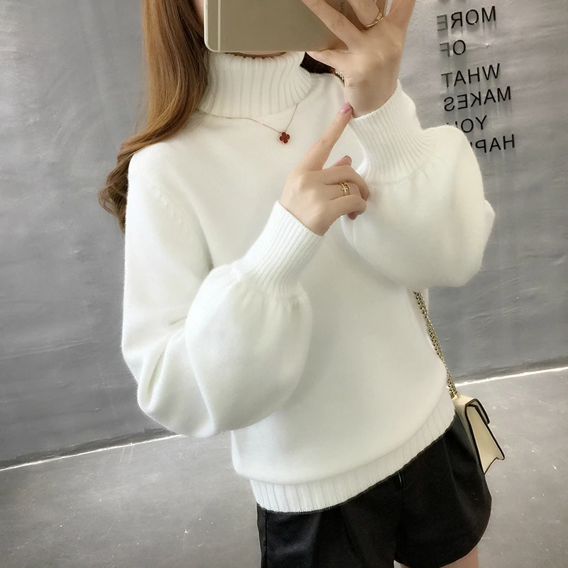 PEONFLY Turtleneck Blue Green Winter Sweater Women Knit Lantern Sleeve Female Loose Oversize Pullover Knitted Jumper | Женская одежда