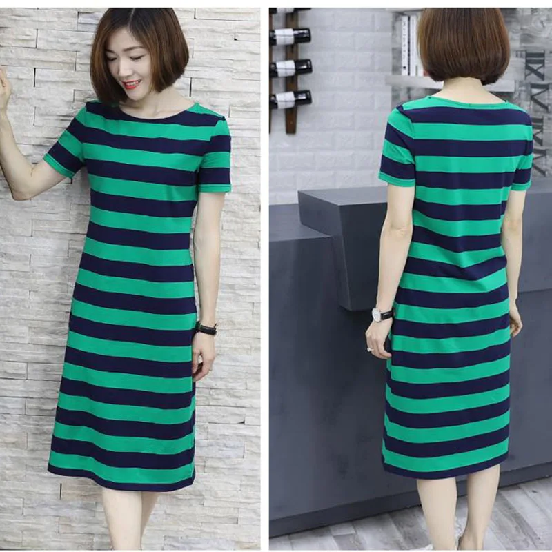 Женское вязаное платье в полоску Длинное свободное с короткими рукавами и