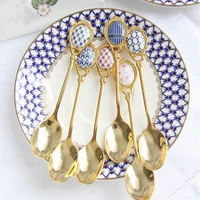 4pcsset stainless steel spoons set inlay ceramic handle coffee scoop vintage gold plating dessert spoon high grade cake scoop