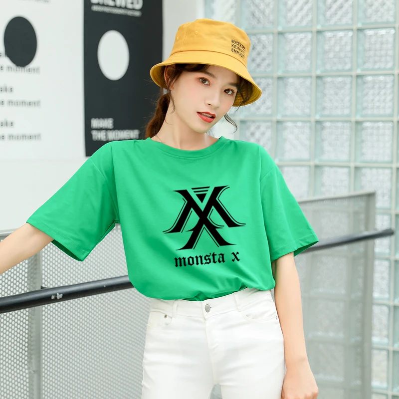 Футболка MONSTA X Kpop Женская в Корейском стиле хлопковый топ с коротким рукавом