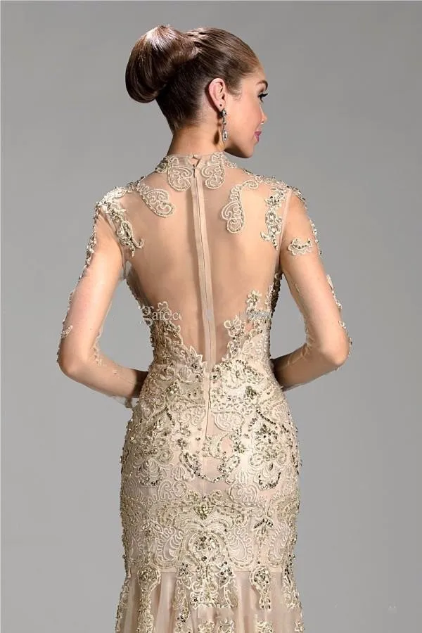 Шампанское Высокая шея Вечерние Dress 2016 Тюль Русалка мама Невесты Длинные Рукава