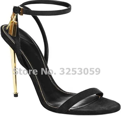 black suede ALMUDENA/женские пикантные босоножки с замком золотого, серебряного и черного цветов; туфли на тонком металлическом каблуке-шпильке; туфли-лодочки с металлическим украшением - Цвет: black suede