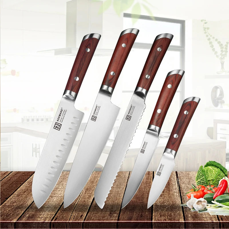 KEEMAKE 5 комплект ножей немецкая 1 4116 сталь Santoku хлебная Утилита шеф повара кухонный