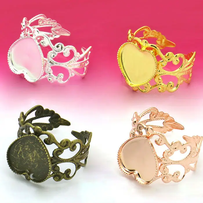 10pcs 12mm Ring Settings Cabochon Base Love Heart Bezel Tray Blank for Cabochon Cameo DIY Fashion Rings Adjustable Ring Base