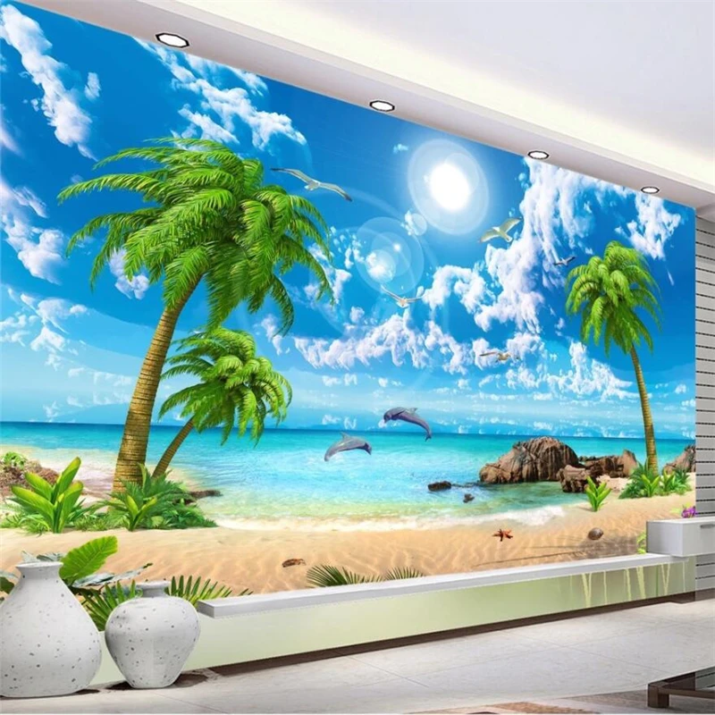 wellyu HD beautiful fantasy seascape coconut beach landscape TV background wall custom large mural green silk cloth wallpaper |