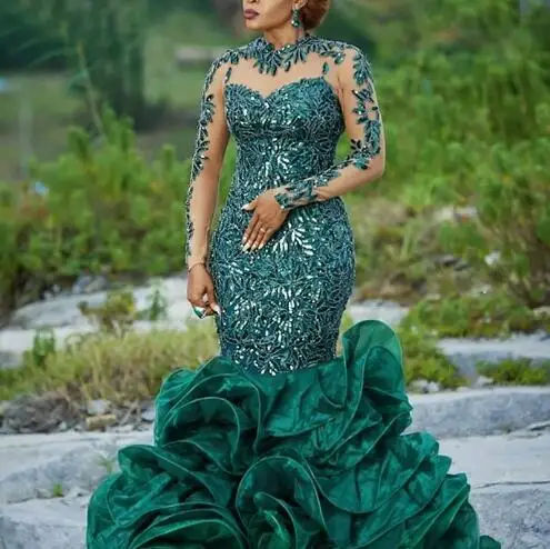 

2019 Abendkleider Hunter Green Evening Gowns Organza Applique Long Formal Dress Sequins Sheer Neckline robe de soiree abiye