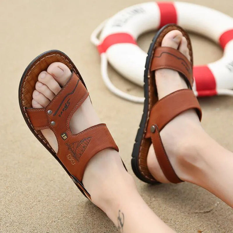 2019 New Men's Beach Waterproof Breathable Non-slip Leather Solid Color Sandals Summer Hasp Shoes Large size Sneakers | Обувь