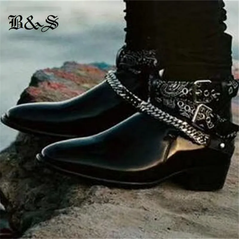 Black& Street Pointed Toe Wyatt Buckle strap Cow Leather Graffiti Scarf strap personalized Boots customized handmade men Boots - Цвет: 1