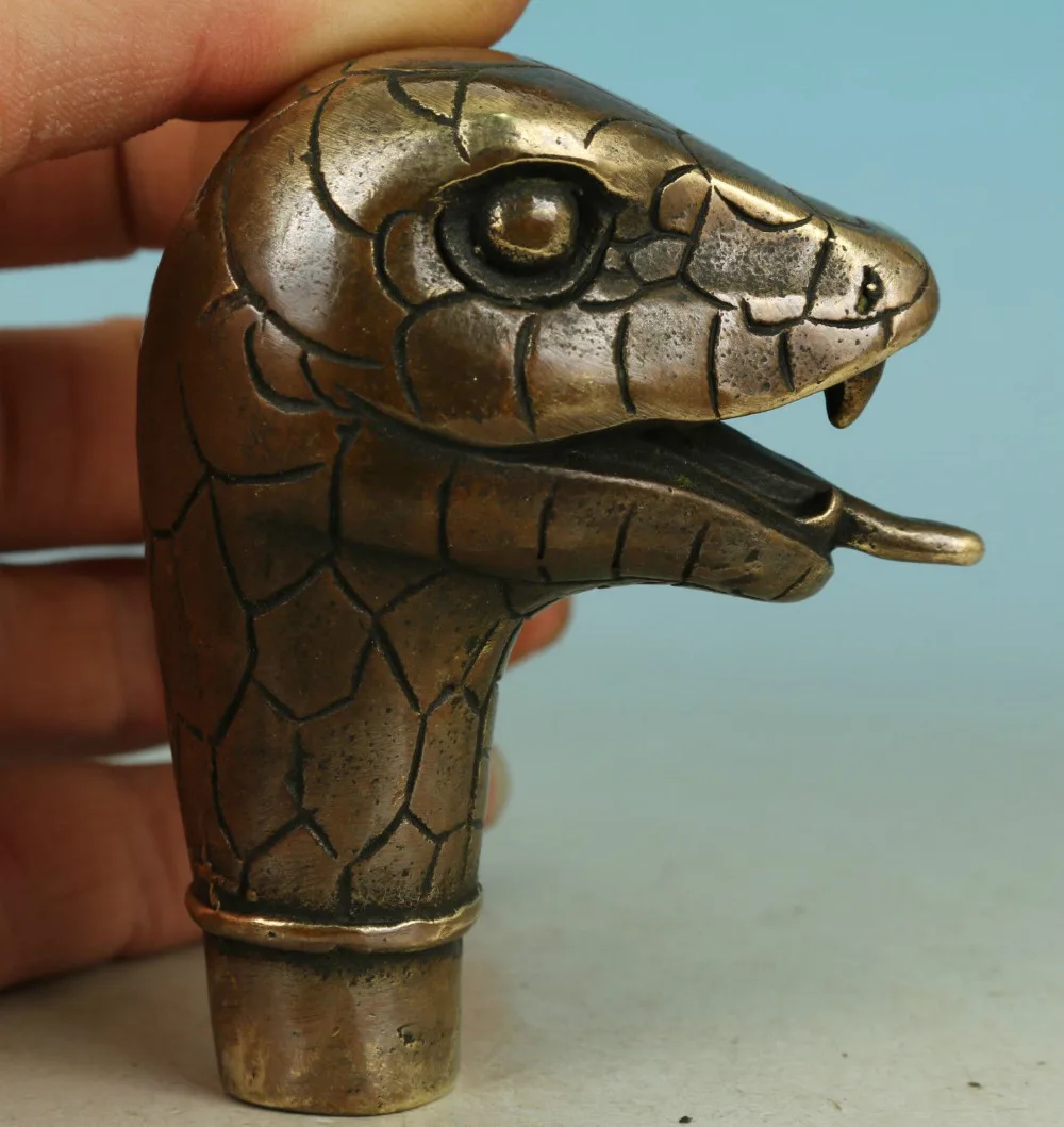 Asian Chinese Old Bronze Handmade Carved Snake Collect Statue Walking Stick Head | Дом и сад