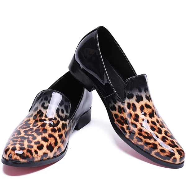 Handmade Leopard Patent Leather Slip On Men Loafers Casual Shoes Shinny Round Toe Printing Red Bottom Flat Moccasin | Обувь