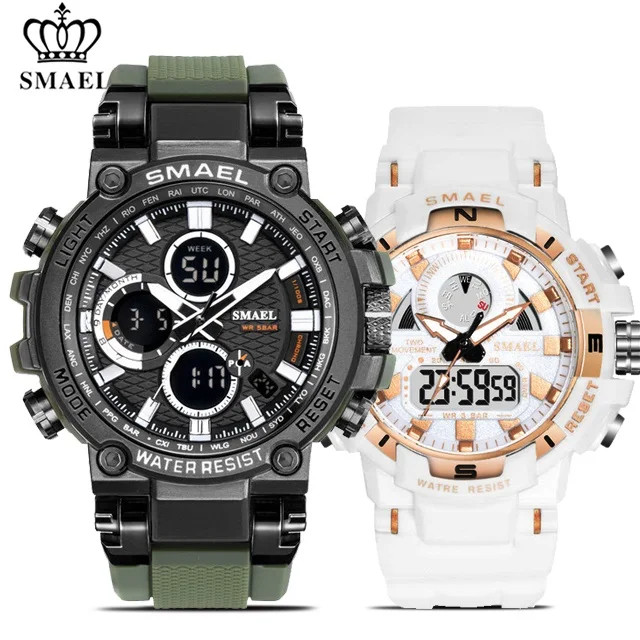 ArmyGreen White SMAEL, парные спортивные часы, Лидирующий бренд, светодиодный, аналоговые, кварцевые часы для мужчин и женщин, водонепроницаемые, S Shock, наручные часы с датой, relogio masculino - Цвет: ArmyGreen White