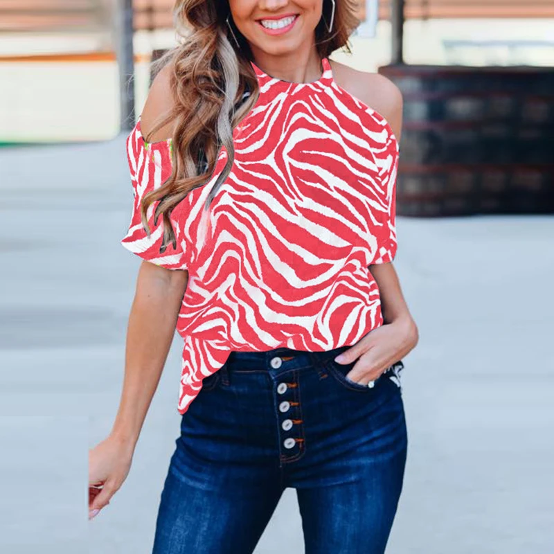 Летняя Блузка модная женская шифоновая рубашка с коротким рукавом Свободные