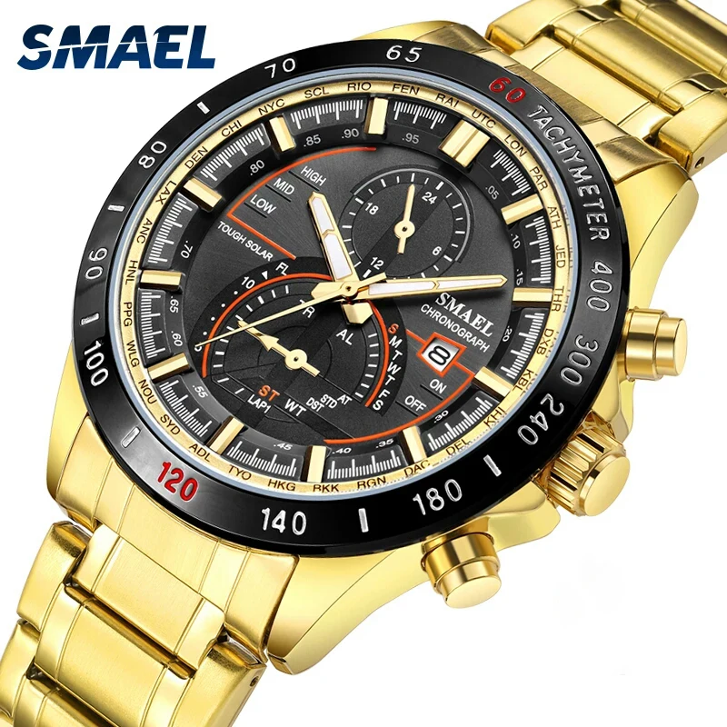 SMAEL Luxury Men Watches Gold Tone Stainless Steel Expansion Band Fashion Chronograph Quartz Watch Men Sport Wristwatch