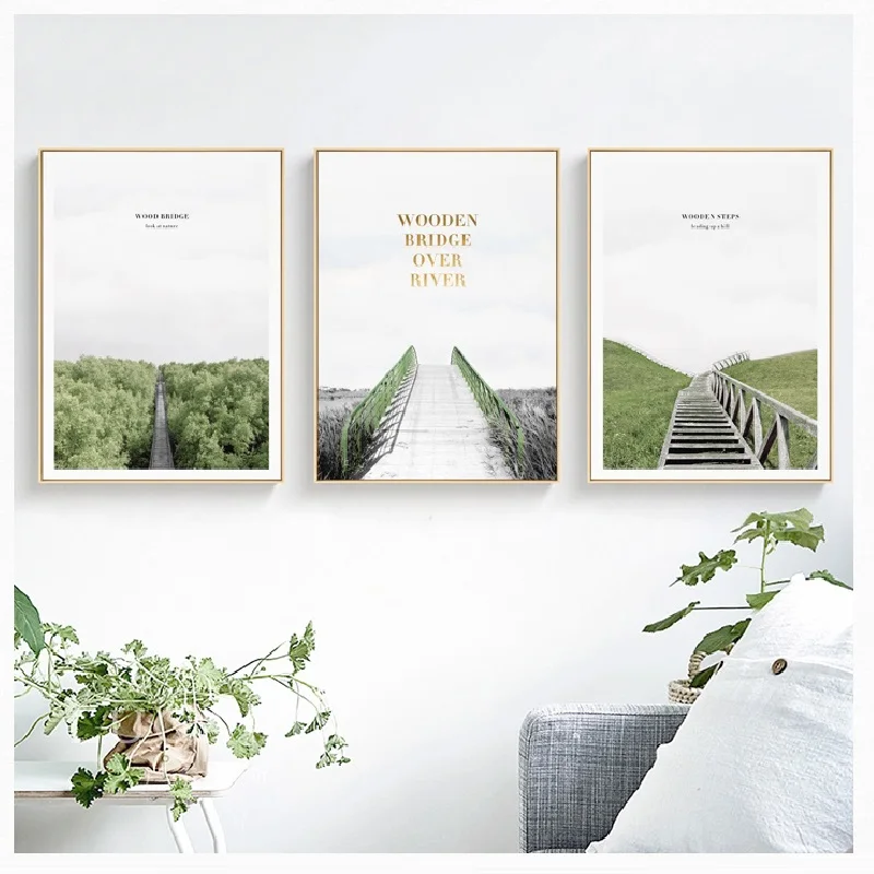Modern Nordic Peaceful Landscape Light Green Grassland Golden Letters Artistic Canvas Posters Picture for Bedrome Decoration | Дом и сад