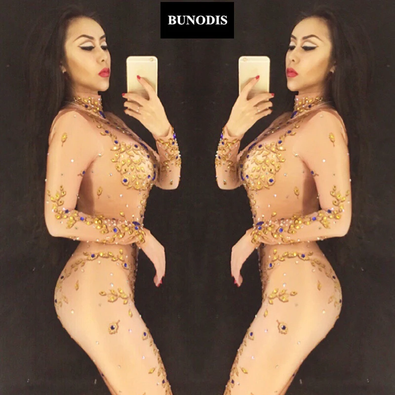 BU058 Gold Queen Full Of 1600 PCS Sparkling Crystals Stones Jumpsuit Christmas Celebrate Nightclub Performance Stage Bodysuit | Женская