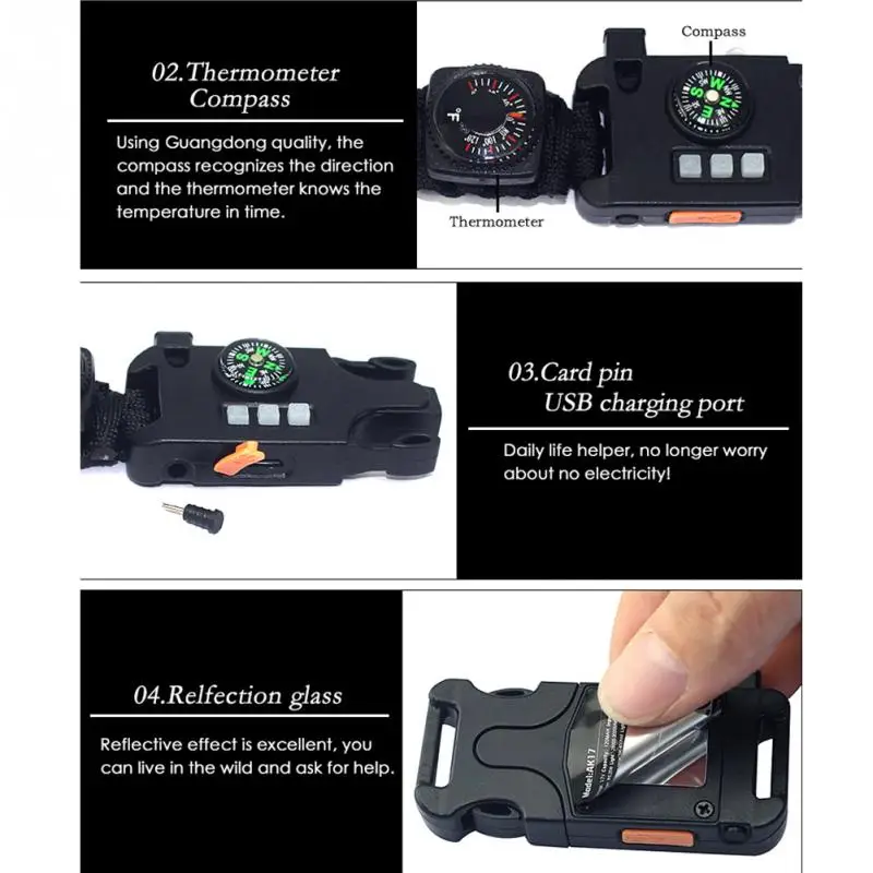 Выживание EDC женщины для безопасности кемпинга часы многофункциональные инструменты фонарик-Компас спасательный свисток веревка наружные часы для мужчин