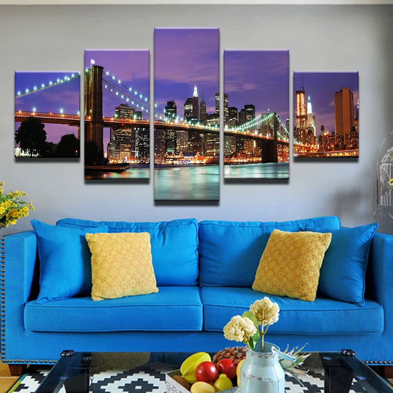 5 шт./компл. пейзаж холст живопись фиолетовая ночь Нью Йорка на Бруклинском мосте