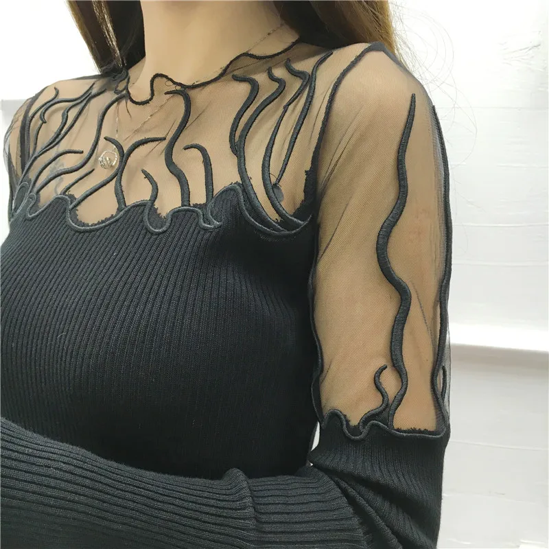 Dingaozlz Sexy Slim long-sleeved Pullovers shirt female Gauze Lace stitching Knitted Sweater Fashion Women sweater | Женская одежда