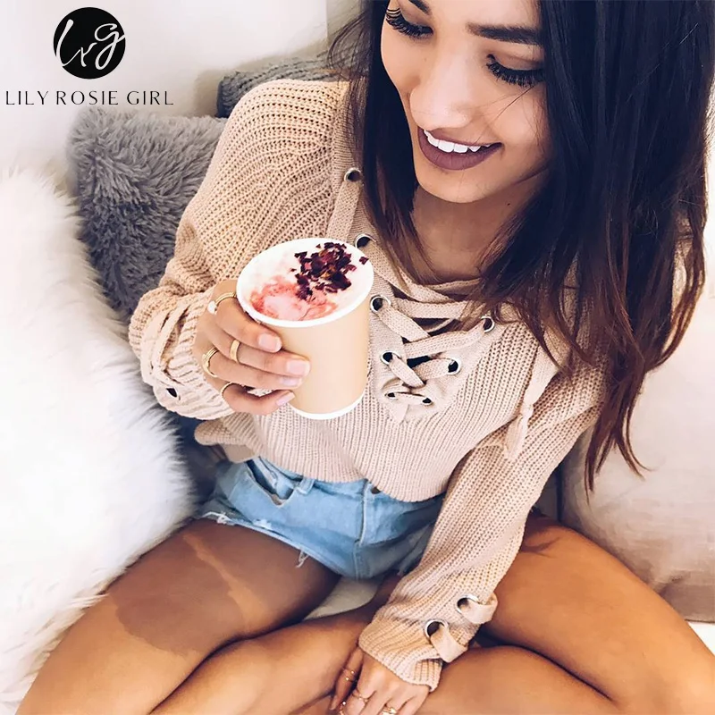 Lily Rosie Girl Lace Up V Neck Women Casual Long Sweaters Pullovers Knitting Full Sleeve Feeme Sueter 2018 Autumn Winter Jumpers | Женская