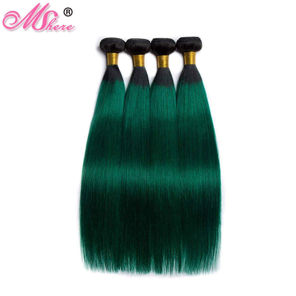 Mshere прямые волосы Ombre 3/4 Связки с закрытием 1B/Зеленый Перуанский натуральные