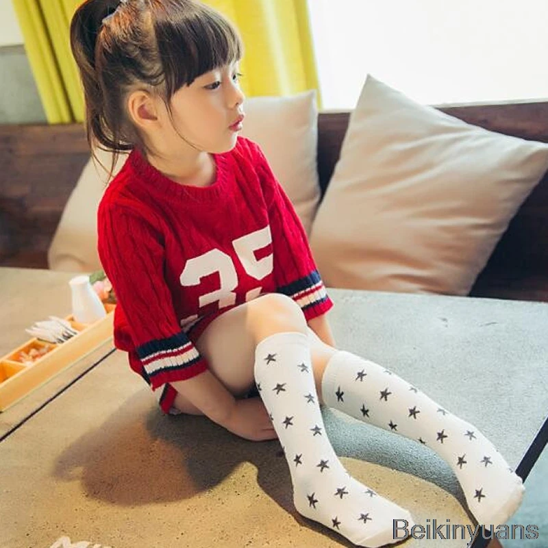 White stars 1 pair male baby girl socks warm cartoon fox cotton cute knee socks unisex fashion cartoon baby warm boots socks cartoon - Цвет: White stars