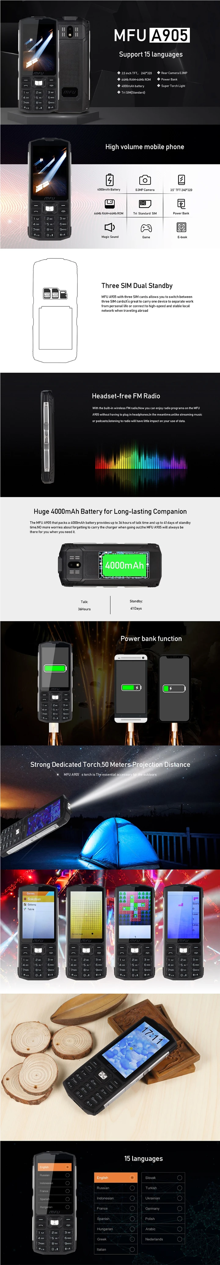 MFU 2G функция прочный телефон 3," большой дисплей 4000 мАч банк питания три сим большой объем фонарь светильник Быстрый вызов клавиатура мобильный телефон