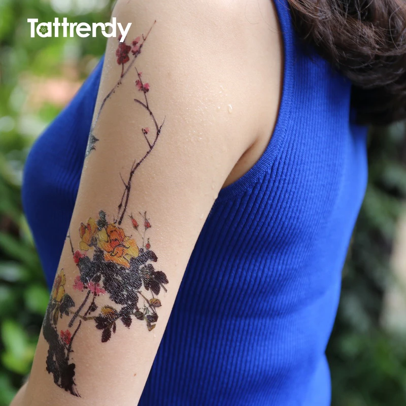 Китайские монохромы Wintersweet Flower Bird Tattoo серии черные чернила и Моющиеся