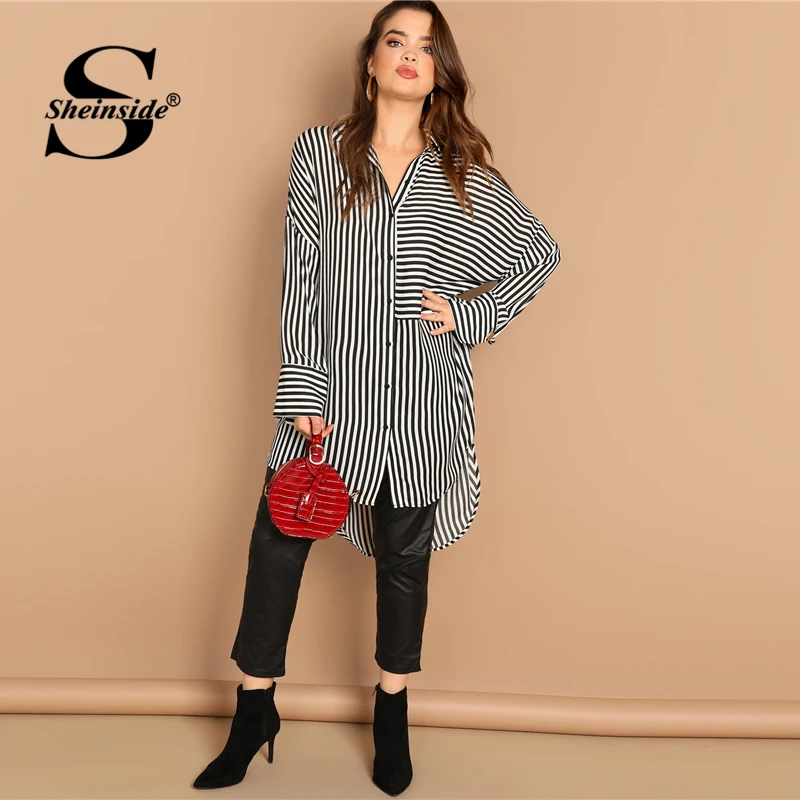 Sheinside размера плюс, женская блузка с заниженным плечом, черная и белая полосатая длинная рубашка, Женская Офисная Элегантная блузка с длинным рукавом