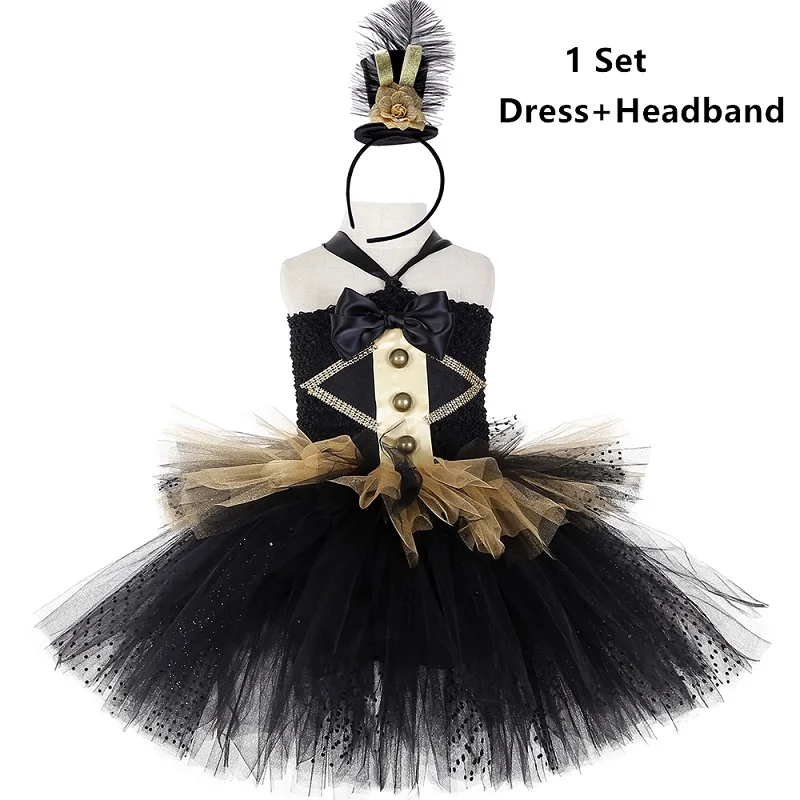 Dress and Headband Черное и Золотое Платье-пачка в стиле цирка, рингмейстера, детские костюмы, костюмы для девочек на Хэллоуин, карнавал, день рождения, От 1 до 14 лет - Цвет: Dress and Headband