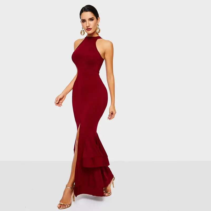 Sexy Party Bodycon Dress Elegant Blue Long Mermaid Evening Women Sleeveless Split Summer 2019 Ladies Black Halter Maxi Dresses | Женская