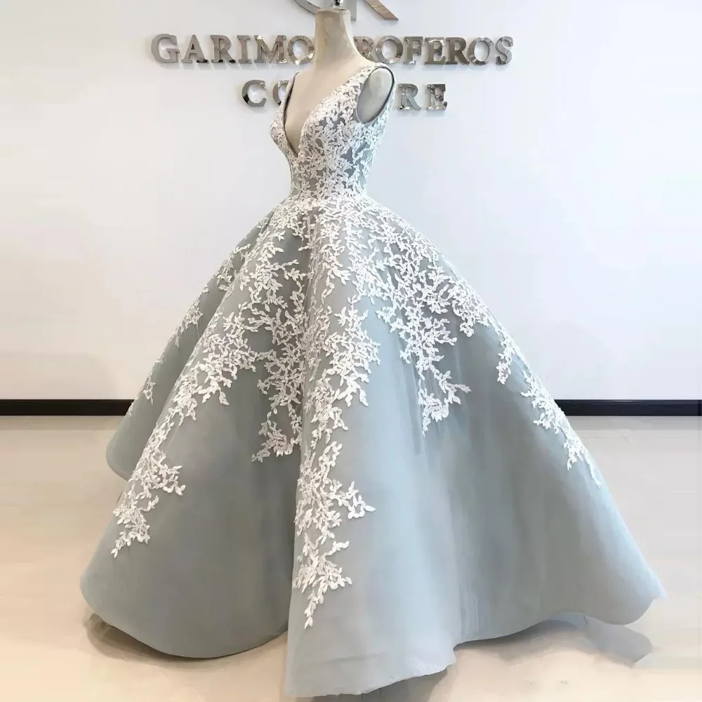 Серебряное бальное платье высокого качества формальное с кружевной аппликацией