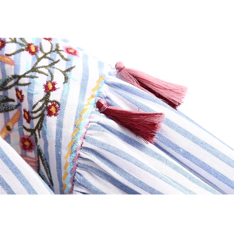 Лето-осень Для женщин Блузки для малышек 2017 цветочный Вышивка рубашка в полоску O