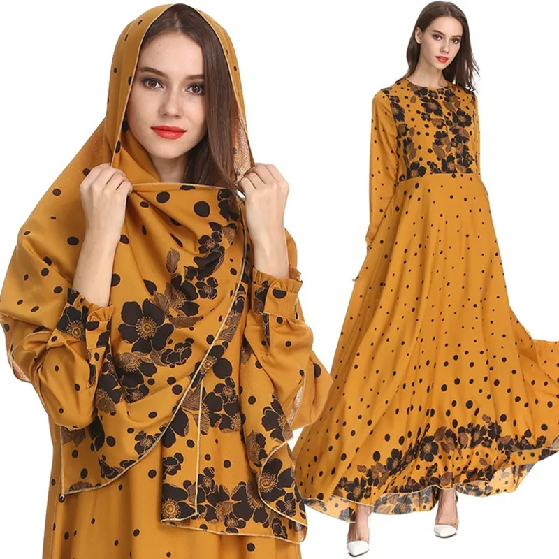 

Islamic Women's Yellow Blue Black Chiffon Abayas Muslim Long Sleeve Fashion Dress Arabic Dubai Turkish Women Clothing