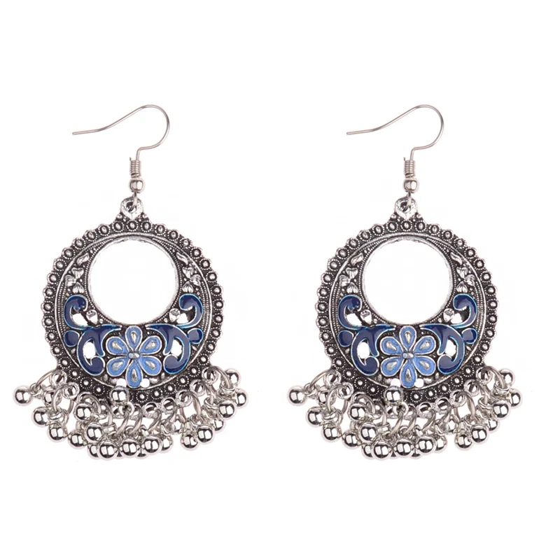 HXE016-2 OIQUEI Boho винтажные индийские Jhumka Большие колокольчики с кисточками Висячие серьги для женщин этнические Цветочные Резные массивные серьги ювелирные изделия - Окраска металла: HXE016-2