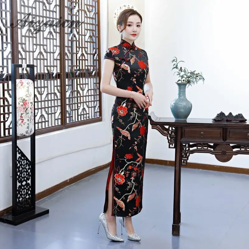 Восточный стиль ретро длинный Cheongsam черный Chinoise тонкий Qi Pao для женщин Китайская традиционная одежда платье Ципао Женская Роба в восточном стиле